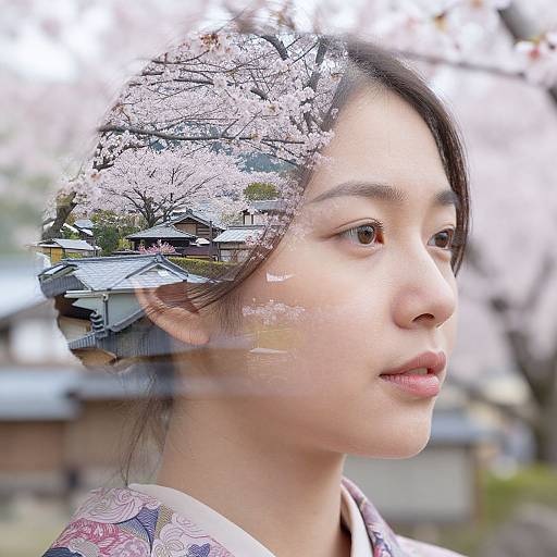 Photograph of an Asian woman with fair skin, black hair in a bun, wearing a floral kimono, her face reflecting cherry blossoms and traditional