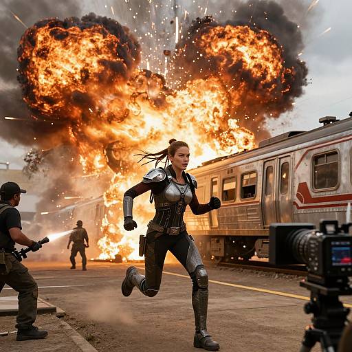 Photograph: Female action hero in armored suit sprints past exploding train, surrounded by bright orange flames and black smoke, flanked by armed security personnel