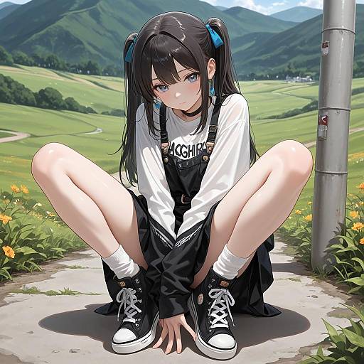 Korean Girl in Casual Fashion on Hillside