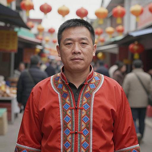 Photograph of an Asian man with short black hair, wearing a vibrant red traditional Chinese shirt with intricate blue and red embroidery, standing in a bustling street
