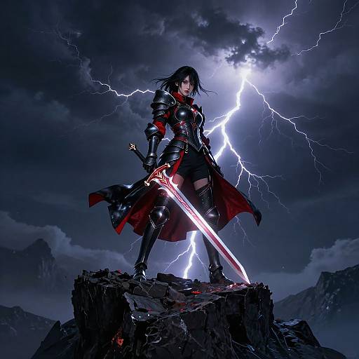 Digital art of a black-haired warrior in armor with a glowing red sword, standing on a rocky cliff, illuminated by lightning in a stormy night sky