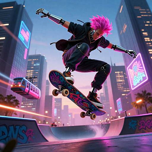 Cyberpunk Skateboarder Soaring Above City