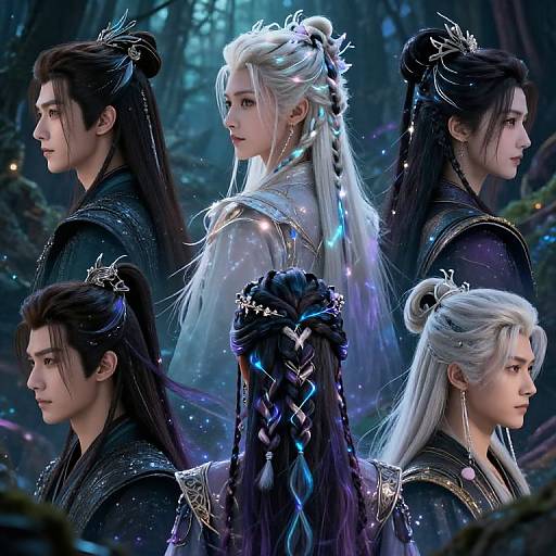 Digital art of five ethereal, fantasy-style characters with long hair and ornate hairstyles, wearing dark, glowing armor in a mystical forest.
