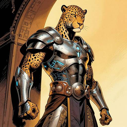 Digital art of a muscular, anthropomorphic leopard warrior in shiny, blue-accented silver armor standing in a grand, arched doorway. Warm yellow