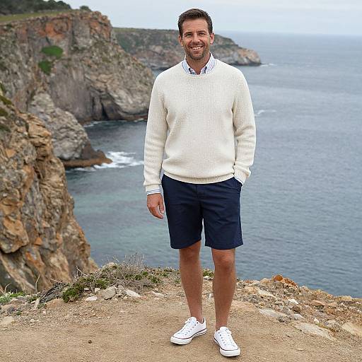 Photograph of a smiling, bearded man in a white sweater, navy shorts, and white sneakers standing on a rocky cliff overlooking a coastal landscape with