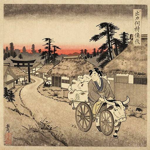 Traditional Japanese woodblock print depicting a man in a kimono with a dog, carrying bags on a bicycle, against a sunset village backdrop with thatched