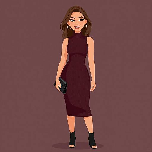 Digital illustration of a smiling woman with wavy brown hair, wearing a sleeveless black dress, holding a black clutch, and black ankle boots, against