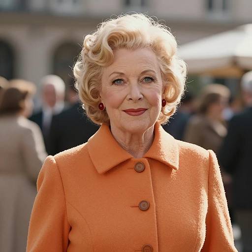 Elegant Older Woman in Orange Coat with Vintage Hairstyle