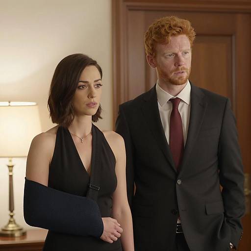 Injured Woman and Man in Formal Attire Indoors