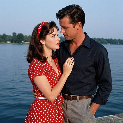 Photograph of a 1950s-style couple by a lake: woman in red polka dot dress and headband, man in black shirt and
