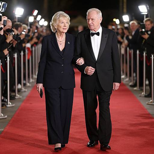Photograph of an elderly white couple on a red carpet, both wearing black formal attire, with photographers in background.