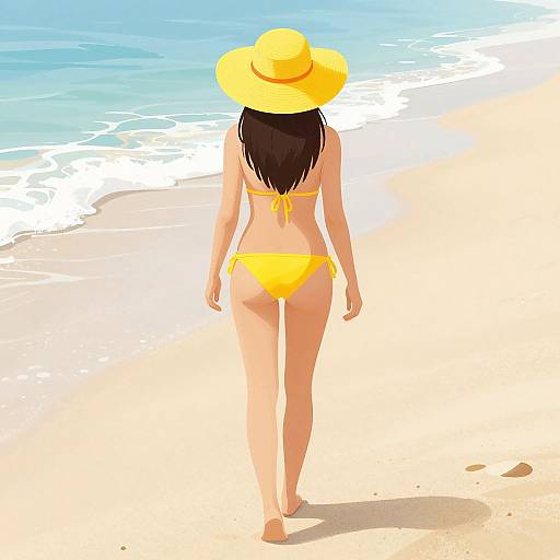 Digital illustration of a woman with long black hair, wearing a yellow bikini and sunhat, walking on a sandy beach with blue ocean waves in the background
