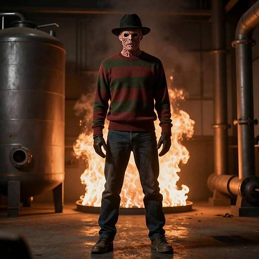 Freddy Krueger in Fiery Industrial Setting