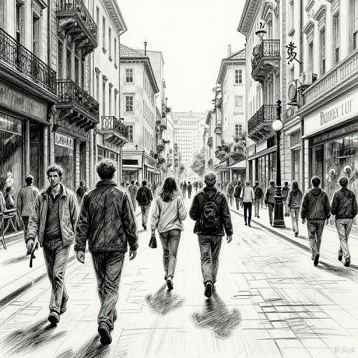 Black-and-white digital drawing of a busy urban street with people walking, storefronts on either side, and detailed architectural elements.
