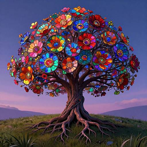 Vibrant, surreal digital artwork of a tree with colorful, glowing flower-like petals against a twilight sky, set on a grassy hill.