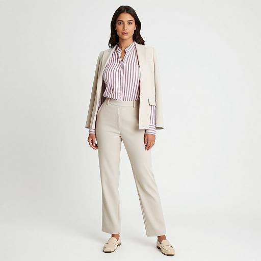 Photograph of a confident woman with black hair, wearing a white blazer, striped pink and white shirt, white high-waisted pants, and