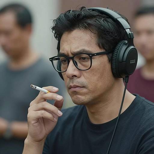 Serious Man in Headphones and Glasses