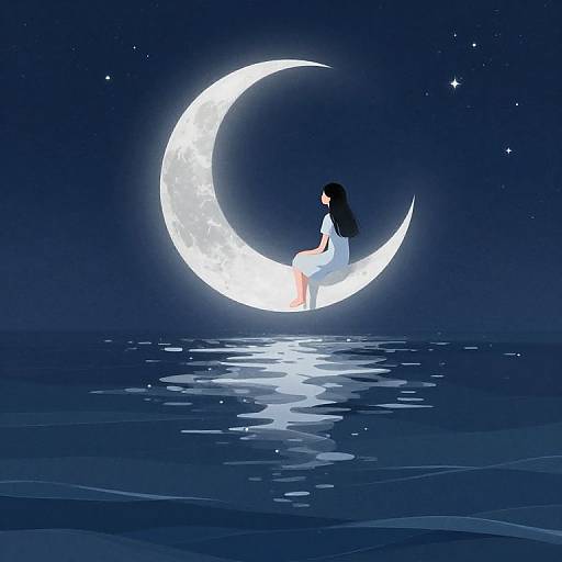 Digital illustration of a girl with long black hair sitting on a glowing crescent moon over a dark, starry ocean.