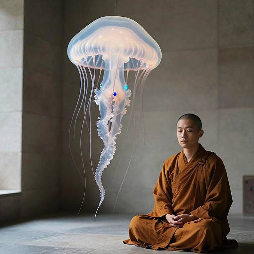 Surreal Giant Jellyfish with Meditative Monk