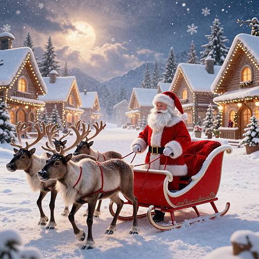 Photograph of Santa Claus in a red sleigh, harnessed to two reindeer, driving through a snowy, illuminated village at night.