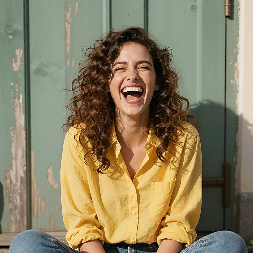 Joyful woman laughing outdoors