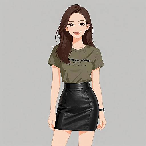 Digital anime-style drawing of a smiling young woman with long brown hair, wearing a green t-shirt and black leather skirt, against a light blue background.