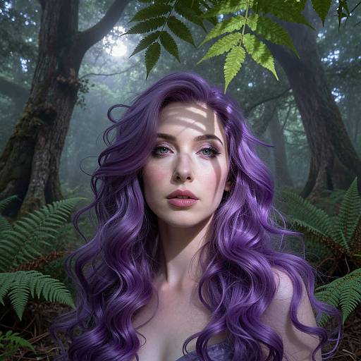 Digital artwork of a fair-skinned woman with vibrant purple wavy hair, standing in a misty forest with sunlight filtering through leaves.
