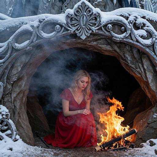 Photograph of a blonde woman in a red dress, kneeling in a snow-covered, ornate stone fireplace, warming her hands by a bright, orange