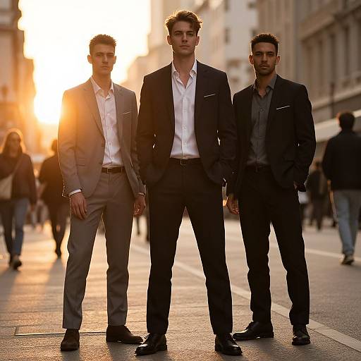 Photograph of three men in suits standing on a sunlit city street, backlit by a glowing sunset, with blurred pedestrians in the background.