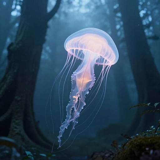 Photograph of a glowing, translucent jellyfish with long, flowing tentacles in a dark, misty forest underwater scene.