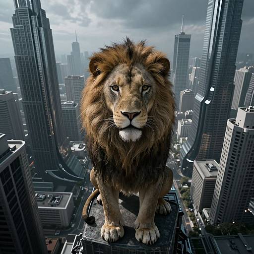Digital artwork of a massive lion with a regal mane, sitting atop a skyscraper in a futuristic, cloudy cityscape.