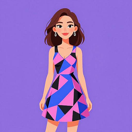 Digital illustration of a smiling woman with brown hair, wearing a pink, blue, and black geometric-patterned dress, against a solid purple background.