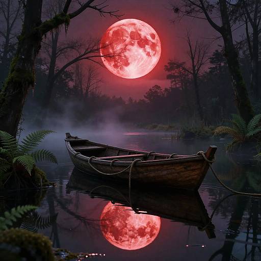 Photograph of a wooden rowboat on a still, reflective lake under a vivid red full moon, surrounded by dark, misty trees and ferns