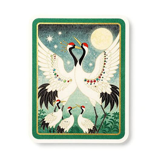 Illustration of three white cranes with black necks and red cheeks, wings spread, singing near a full moon and stars, surrounded by green foliage
