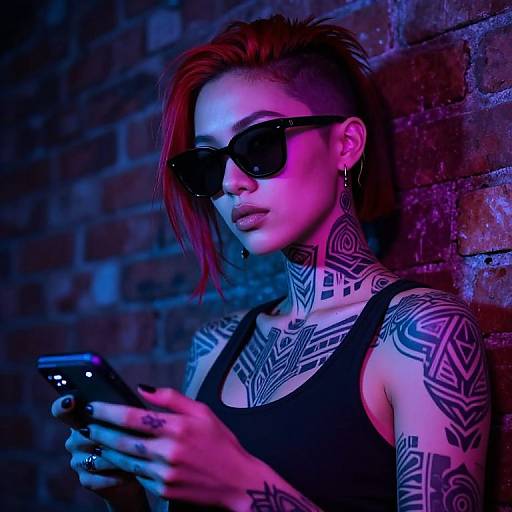 Photograph of a red-haired, tattooed woman with undercut, black sunglasses, and hoop earrings, standing against a brick wall, using a smartphone under