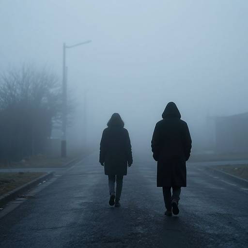 Photograph of two silhouetted figures in hooded winter coats walking down a foggy, deserted road with a faint streetlamp.