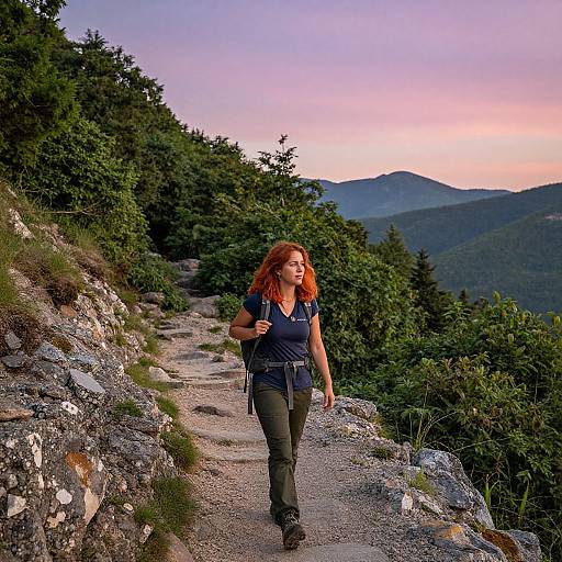 Red-haired woman with blue shirt and black pants walks a rocky mountain trail, surrounded by green trees and mountains under a pink-purple sunset sky. Photograph.