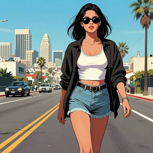 Digital illustration of a confident woman with dark hair, sunglasses, white tank top, black jacket, and blue denim shorts, walking down a sunny city street