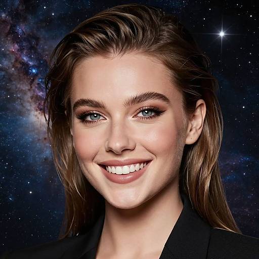 Photograph of a smiling young woman with blue eyes, light brown hair, and fair skin, set against a cosmic galaxy background.