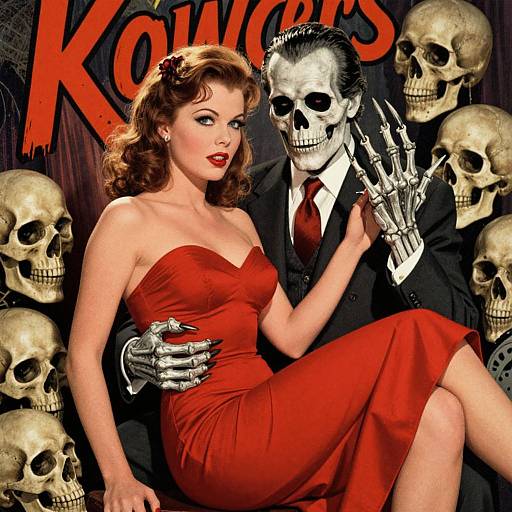 Digital art of a red-dressed woman with red lipstick, sitting next to a skeletal man with clawed hands, surrounded by skulls. 