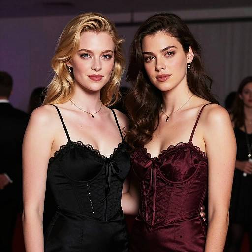 Photograph of two women, one blonde in a black lace dress, the other brunette in a maroon lace dress, standing close together indoors, both