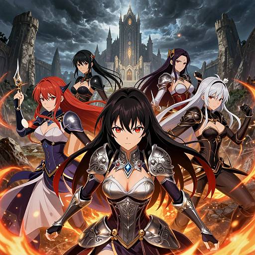 Digital anime artwork of five armored female warriors with varying hair colors, standing before a burning, ruined castle under a stormy sky.