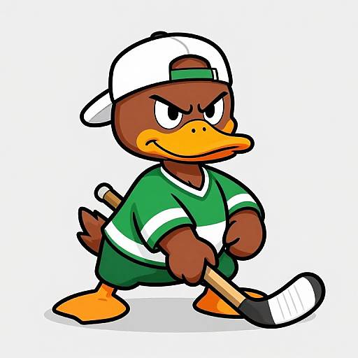 Cartoon duck wearing a green and white hockey shirt and white cap, holding a hockey stick with a determined expression.