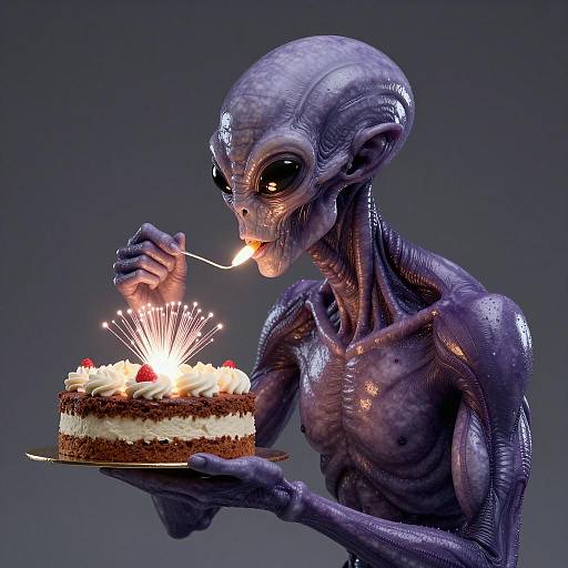 Purple Alien Eating Cake with Glowing Candle