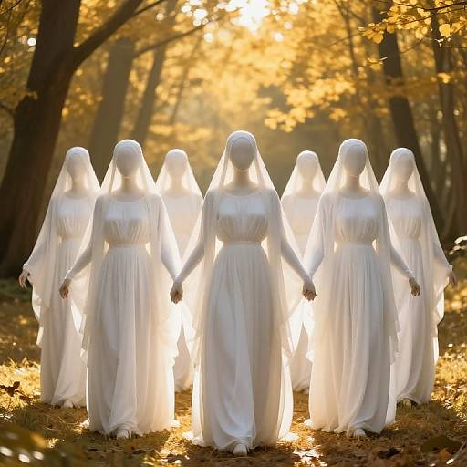 Photograph of seven white-clad, hooded ghost-like figures with glowing outlines walking in a sunlit, autumn forest, surrounded by golden leaves.