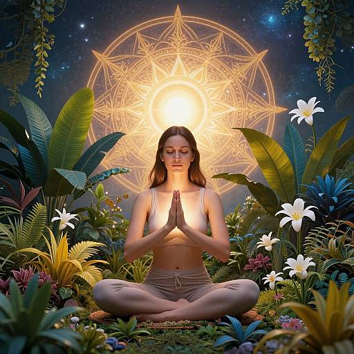 Photograph-style digital artwork of a meditating woman in a lotus position, hands in prayer, surrounded by lush, colorful plants and white flowers,