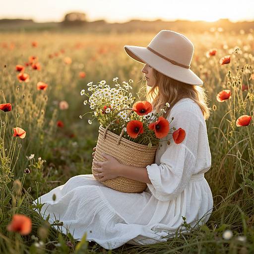 Photograph of a blonde woman in a white dress and beige hat, sitting in a sunlit field of red poppies, holding a wicker basket