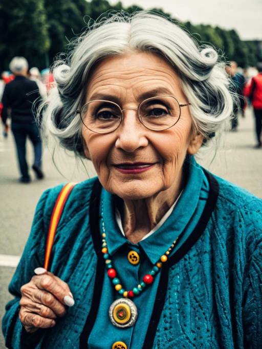Elderly Woman in Colorful Cosplay Costume