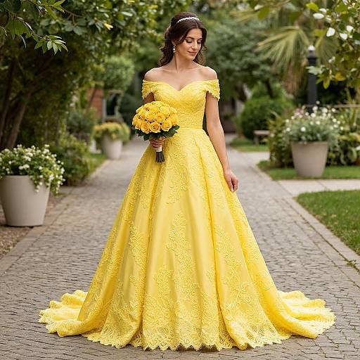 Photograph of a beautiful woman in a vibrant yellow lace off-shoulder wedding gown, holding a bouquet of yellow roses, standing on a cobble