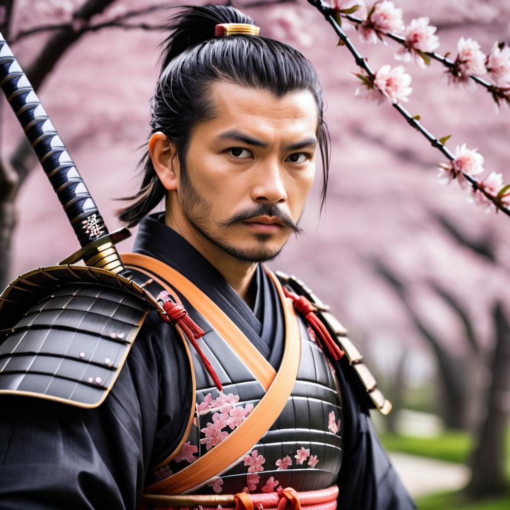 Intense Samurai Portrait with Cherry Blossoms